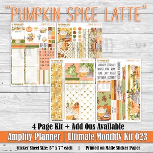 May include: A set of four pumpkin spice latte themed planner stickers. The stickers feature a variety of fall-themed designs, including pumpkins, leaves, and coffee cups. The stickers are printed on matte sticker paper and measure 5 inches by 7 inches each. The stickers are part of the "Amplify Planner | Ultimate Monthly Kit 023" collection.