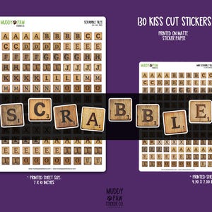 May include: A sheet of 130 kiss-cut Scrabble tile stickers printed on matte sticker paper. The stickers feature wooden-style tiles with the letters of the alphabet and point values. The sheet measures 7 x 10 inches.