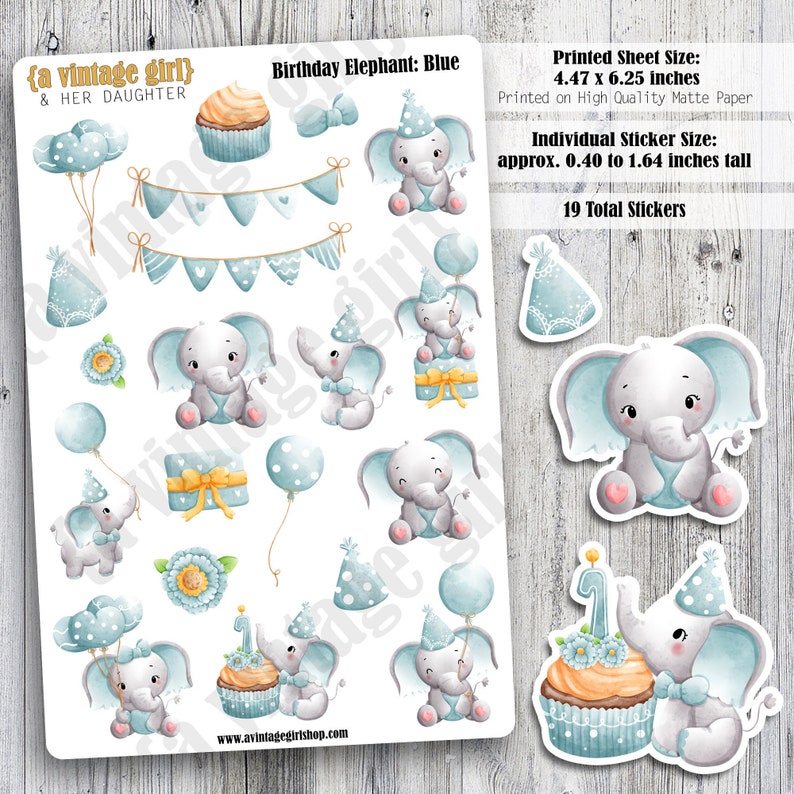 Verjaardag Olifant-Blauw // Verjaardag Stickers, Verjaardag, Olifant, Kiss Cut Stickers, Planner, Deco Stickers, Blauwe Stickervel afbeelding 1