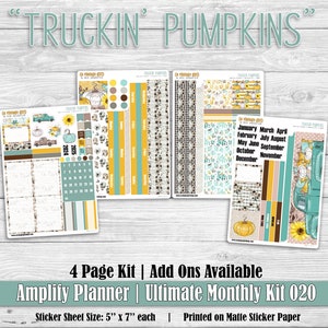 May include: A four-page sticker kit for a planner, featuring a vintage truck with pumpkins and sunflowers. The kit includes monthly calendar pages, boxes, and decorative elements. The sticker sheet size is 5 inches by 7 inches and is printed on matte sticker paper. The text "Truckin' Pumpkins" is featured at the top of the image.