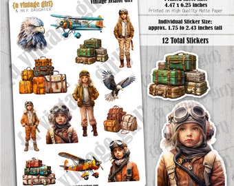 Vintage Aviator Girl | Ai Art, Military, Vintage, Watercolor, Aviator, Plane, Luggage, Planner Stickers | Sticker Sheet