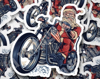 Bad A** Santa riding Motorcycle Die Cut | Water-Resistant & Laminated | Die Cut, Die Cut Stickers, Water Bottle, Laptop, Phone Sticker