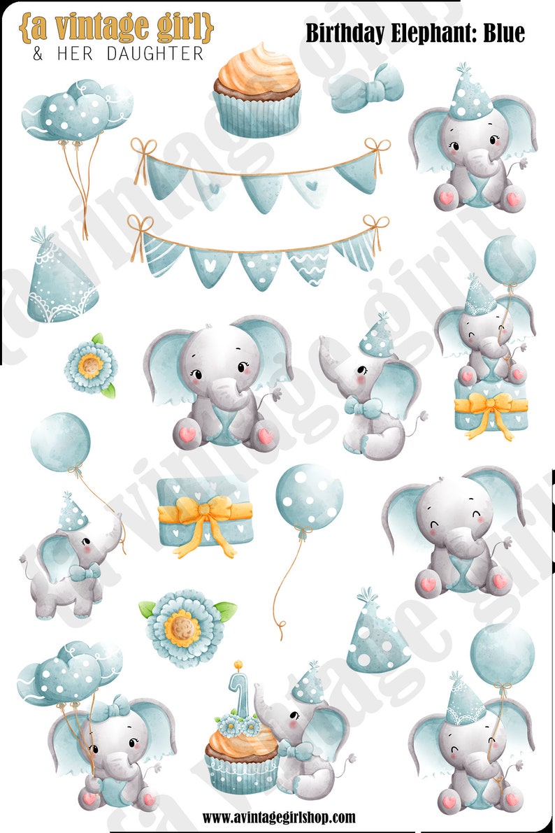 Birthday Elephant-Blue // Birthday Stickers, Birthday, Elephant, Kiss Cut Stickers, Planner, Deco Stickers, Blue Sticker Sheet image 2