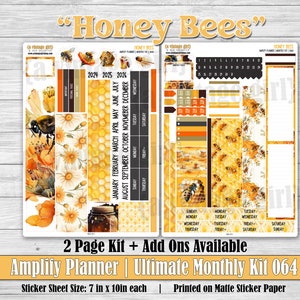 May include: A two-page planner sticker kit with a honey bee theme. The kit includes monthly calendar pages, boxes, and other planner stickers. The stickers are printed on matte sticker paper and are 7 inches by 10 inches each.