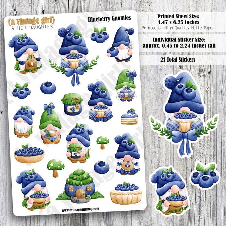 May include: A sheet of 21 blueberry gnome stickers printed on high quality matte paper. The stickers are approximately 0.45 to 2.24 inches tall. The sheet measures 4.47 x 6.25 inches.