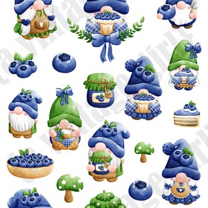 May include: Watercolor illustration of blueberry gnomes. The gnomes are wearing blue and green hats and holding blueberries, jars of jam, and other blueberry-themed items. The gnomes are surrounded by blueberries and other decorative elements.