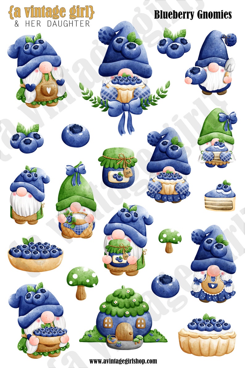 May include: Watercolor illustration of blueberry gnomes. The gnomes are wearing blue and green hats and holding blueberries, jars of jam, and other blueberry-themed items. The gnomes are surrounded by blueberries and other decorative elements.