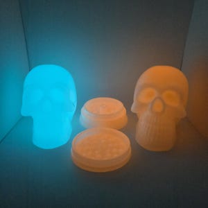 May include: A pair of glowing skull-shaped decorative lights, one emitting blue light and the other orange. Two round, textured objects are also present. The items are arranged on a dark surface, creating a spooky, yet modern aesthetic.