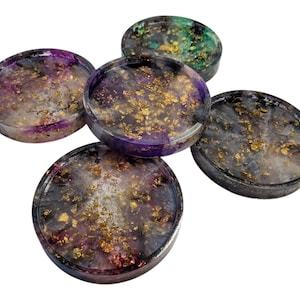 Handmade Epoxy Resin Coasters – Geode Style with Gold Flakes, Amethyst & Smoky Tones – Set of 5 Art Coasters for Home or Gift