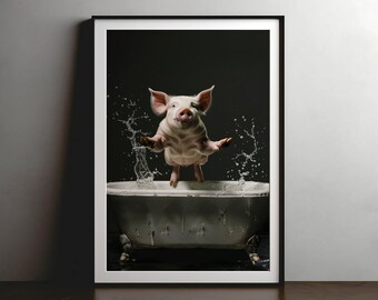 May include: A pink pig jumps out of a white bathtub with water splashing around it. The pig is in mid-air with its legs extended and its mouth open in a happy expression.