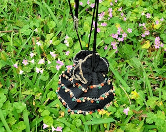 Vintage 1940's Black Crocheted Drawstring Purse With Colorful Beads