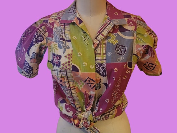 Vintage 1930's 1940's Cotton Printed Puff Sleeve … - image 1