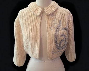 Vintage 1950's Ethel of Beverly Hills Rhinestone and Pearl Trimmed Cardigan