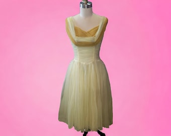 Vintage 1950's Chiffon and Tulle Pale Yellow Party Prom Dress