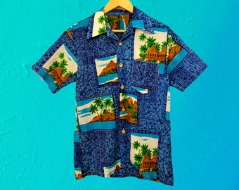 1960's Vintage Tiki Hawaiian Blue Shirt