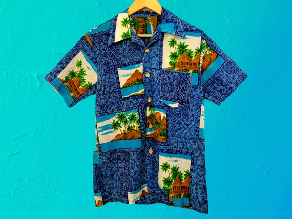 1960's Vintage Tiki Hawaiian Blue Shirt - image 1