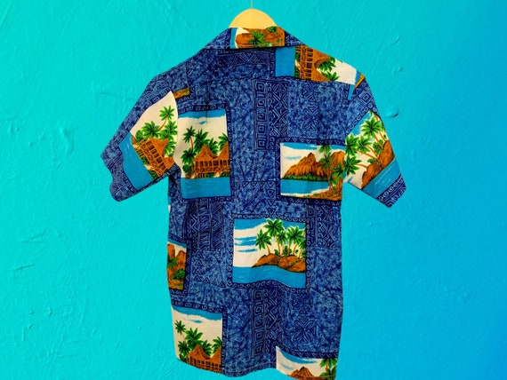 1960's Vintage Tiki Hawaiian Blue Shirt - image 2