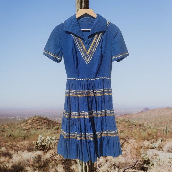 1950s Blue Patio Dance Dress Rockabilly Southwest… - image 1