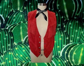 Vintage 1980's Red Suede Western Fringe Vest /MonaMode