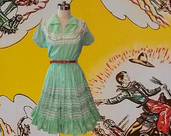 Vintage 1950s Seafoam Green and Silver Patio Dance Dress/ Rockabilly Southwest Style