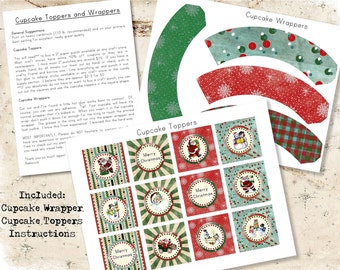 Vintage Christmas Grungy Snowman Santa Cupcake Toppers and Wrappers, Digital Download