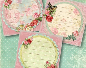 Set of 6 Romantic Floral Sticker Labels or Notes, Digital Collage Sheet for Journaling, Crafts of Scrapbooking