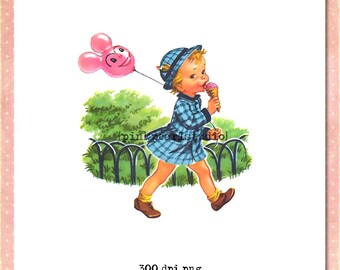 Vintage Girl with Balloon and Ice Cream Digital Clipart in .png format, Instant Download CU ATC, transfers, collage