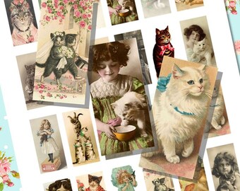 Cute Vintage Cat and Floral Girl Domino Tile Digital Collage Printable Sheet for Necklaces, Altered Art, Jewelry