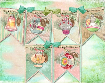 Shabby Vintage Mercury Christmas Ornament DIY Digital Garland Banner, Easy and Fun to Create