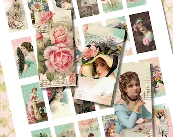 Layered Vintage Girl, Lady, Floral Domino Tile Digital Collage Printable Sheet for Necklaces, Altered Art, Jewelry
