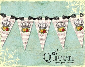 the QUEEN Vintage Rose Shabby Crown Party Banner / Easy DIY Digital File