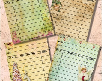 Set of 4 Pink Shabby Christmas Library Cards Digital Collage Sheet for Journaling, Tags, Crafts of Scrapbooking