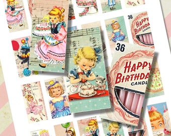 Vintage Retro Girl Pink Birthday Party Domino Tile Digital Sheet for Necklaces, Altered Art, Collage, Jewelry, Cake