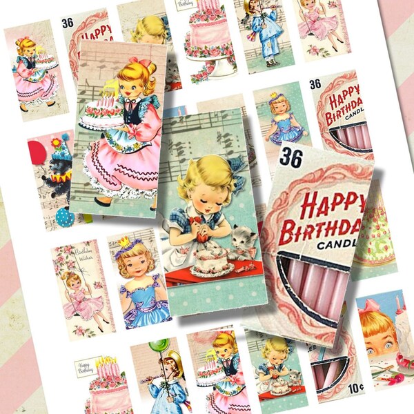 Girl Retro Vintage Rose Birthday Party Domino tuile Digital Sheet pour colliers, altérée Art, Collage, bijoux, gâteau