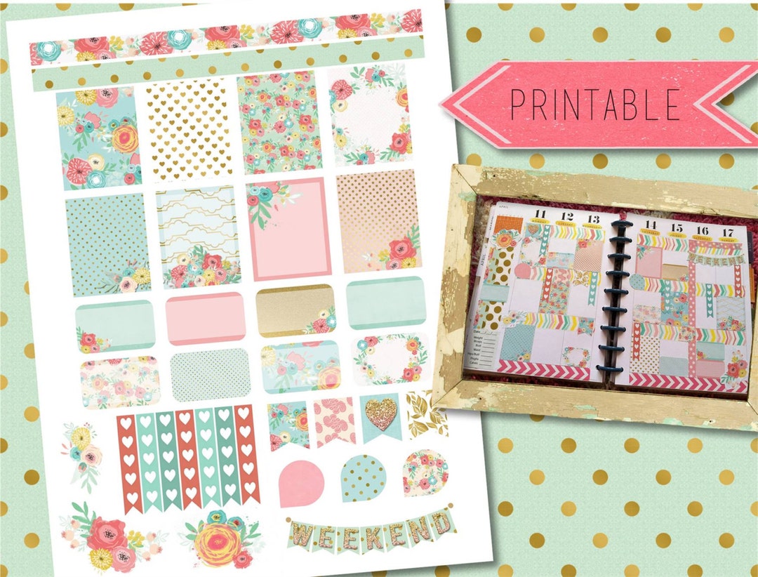 Aqua, Pink, Mint, Gold Floral Weekly Printable Stickers for Erin ...