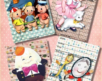 Set of 4 Vintage Nursery Rhyme Library Cards Digital Collage Sheet for Journaling, Crafts of Scrapbooking