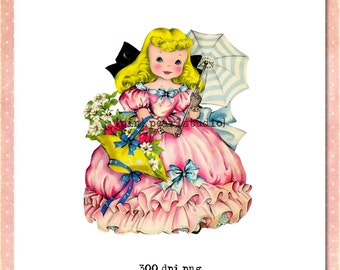 Vintage Girl with Parasol Digital Clipart in .png format, Instant Download CU ATC, transfers, collage