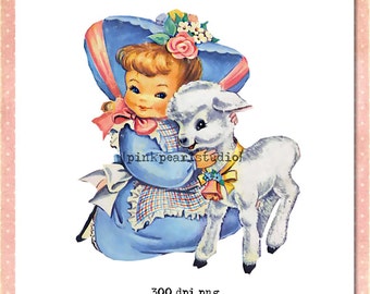 Vintage Mary Had A Little Lamb Girl Clipart in .png format, Instant Download CU ATC, transfers, collage