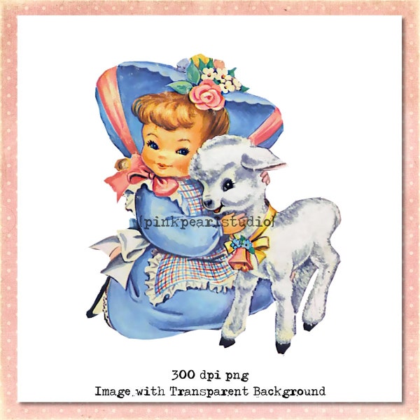 Vintage Mary Had A Little Lamb Girl Clipart in .png format, Instant Download CU ATC, transfers, collage