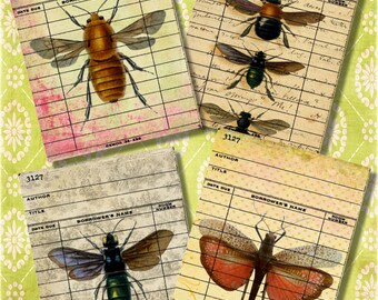 Set of 4 Vintage Bees Moth Butterflys Library Cards Digital Collage Sheet for Journaling, Crafts of Scrapbooking