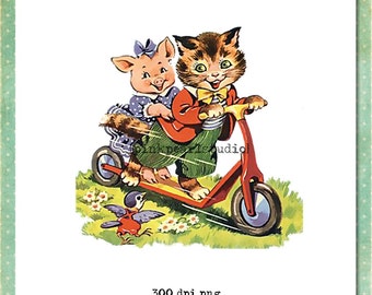 Vintage Pig Cat Playing Digital Clipart in .png format, Instant Download CU ATC, transfers, collage