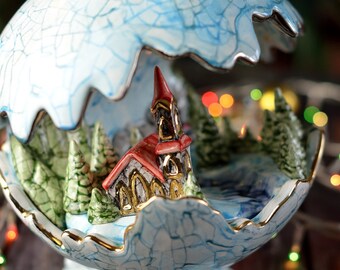 Decoración navideña del hogar, Cuento de cerámica de invierno, Iglesia en un globo terráqueo, Decoración de iluminación
