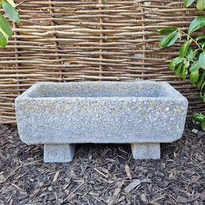 May include: A grey concrete planter with a rectangular shape and four short legs. The planter has a rough, textured surface.
