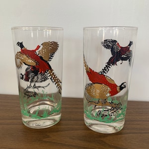 MCM tall CULVER Wild Bird Glass Set, Gold, Flying Pheasant, Roosting P