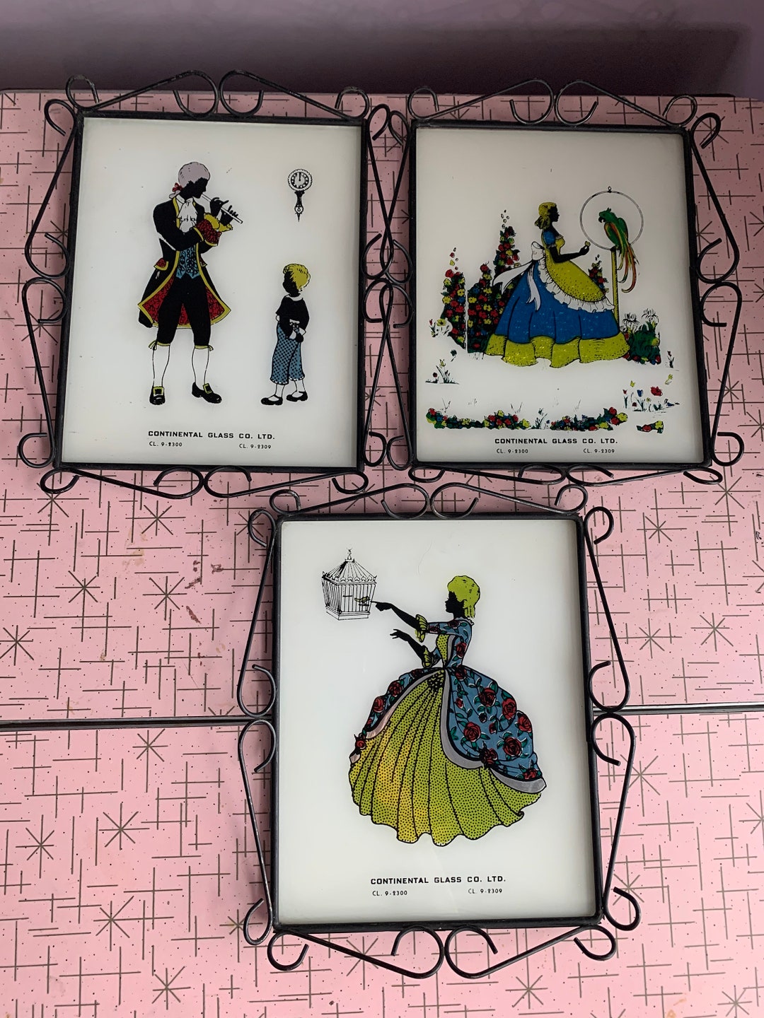 Vintage Reverse Painted Foil Pictures Glass With Coloured Foils, Metal