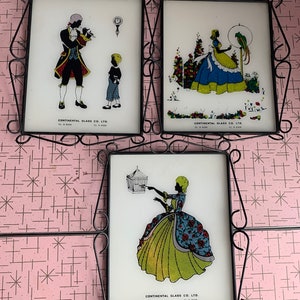Vintage Reverse painted foil pictures glass with coloured foils, metal frames, gift for her, continental glass