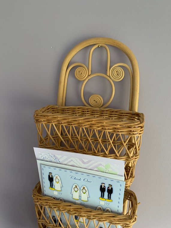 Vintage Wicker Rattan Mail Holder Organizer Storage Rack Three