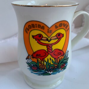 Vintage Florida mug, retro, gold trim, vivid colors, love flamingo pair