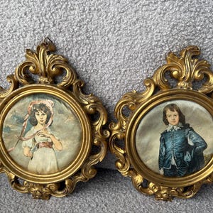 Vintage Gold Color Round Depose Italy - Framed Painted Silks - Blue Boy by Gainsborough, Pinkie by Thomas Lawrence