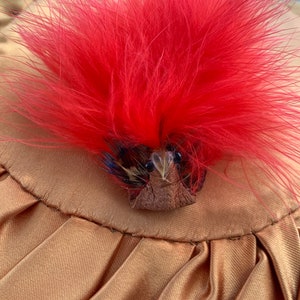 Vintage bird feather pin, brooch, red, leather, bird